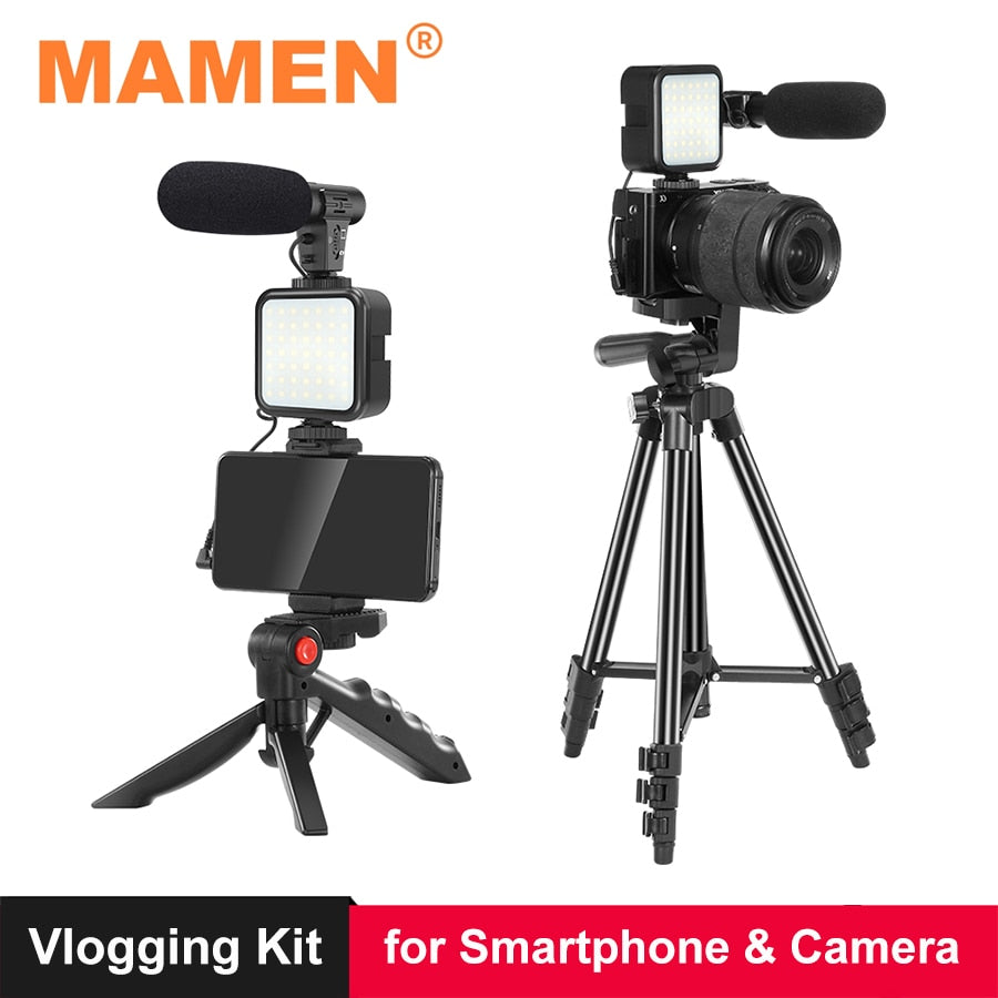 MAMEN Phone DSLR Camera Vlog Tripod Vlogging Kit with Remote Control Microphone LED Light
